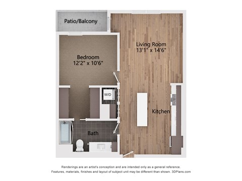 A floor plan of a small apartment with a bedroom, bathroom, and kitchen.